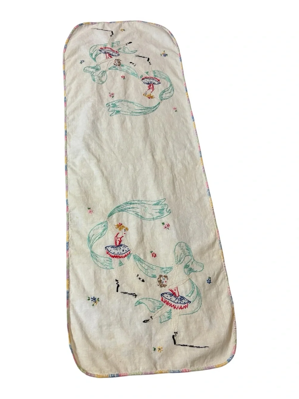 Vint Embroidered Dresser Scarf Ballerina Dancers Flowers Teal Streamers Ribbons